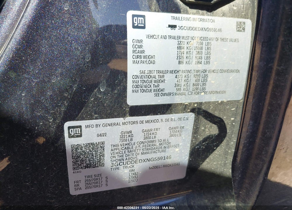 2022 CHEVROLET SILVERADO 1500 VIN: 3GCUDDEDXNG559146