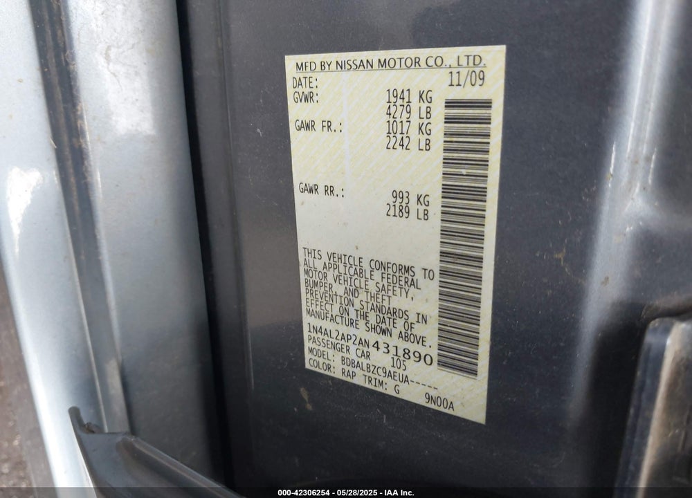 2010 NISSAN ALTIMA VIN: 1N4AL2AP2AN431890