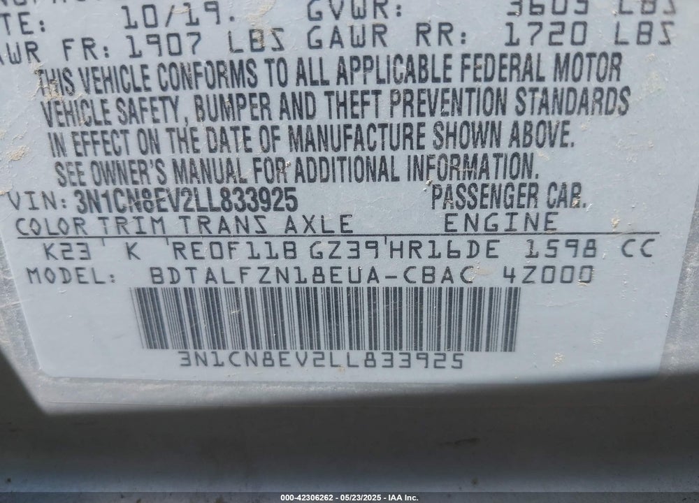 2020 NISSAN VERSA SV XTRONIC CVT VIN: 3N1CN8EV2LL833925