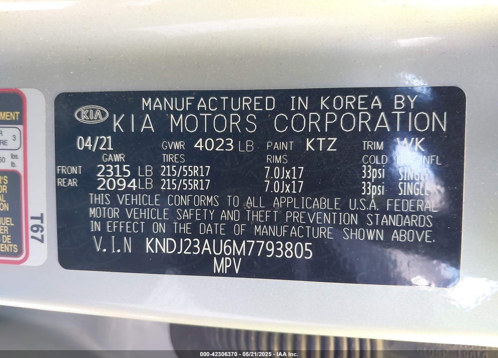 2021 KIA SOUL VIN: KNDJ23AU6M7793805