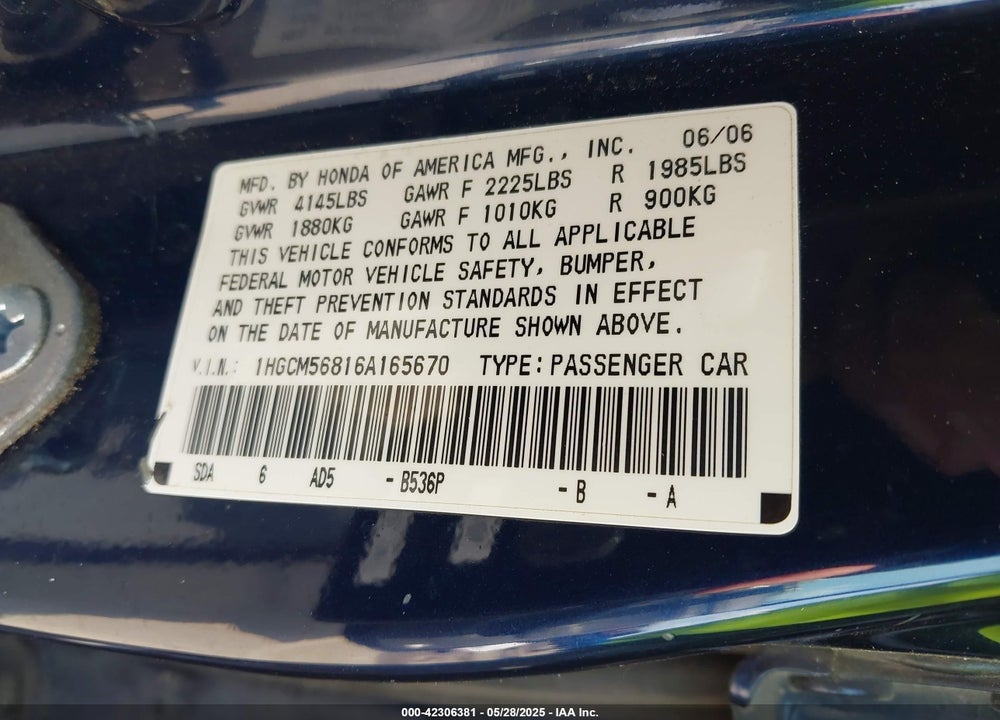 2006 HONDA ACCORD VIN: 1HGCM56816A165670