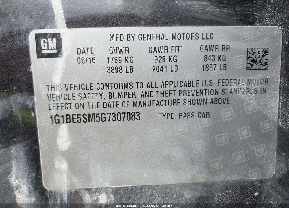 2016 CHEVROLET CRUZE LT VIN: 1G1BE5SM5G7307083
