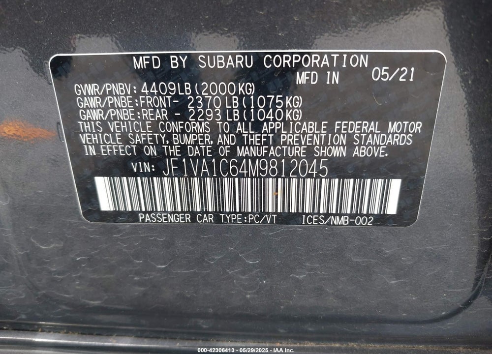 2021 SUBARU WRX PREMIUM VIN: JF1VA1C64M9812045