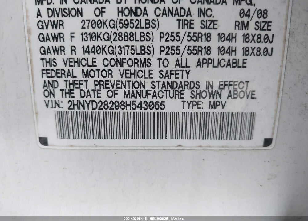 2008 ACURA MDX VIN: 2HNYD28298H543065