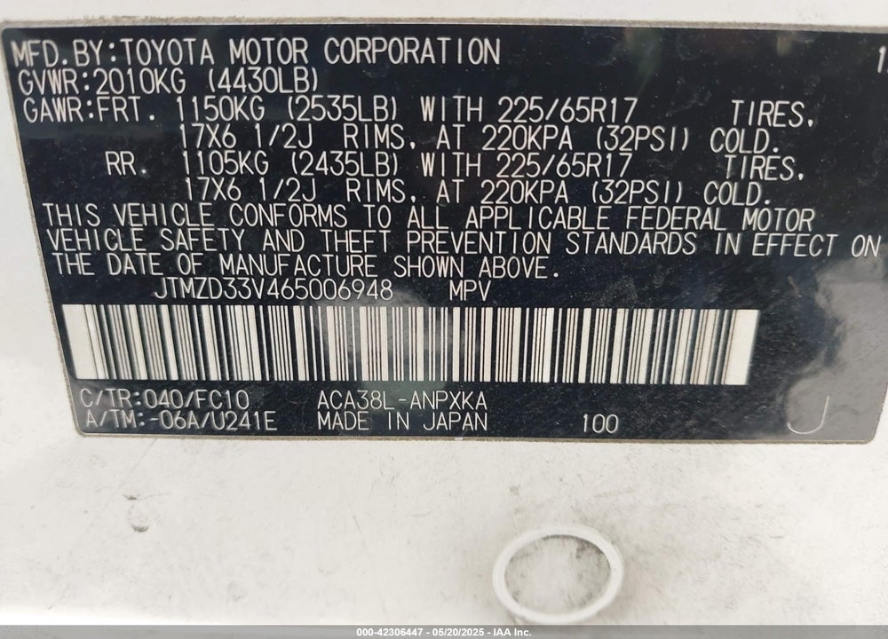 2006 TOYOTA RAV4 VIN: JTMZD33V465006948