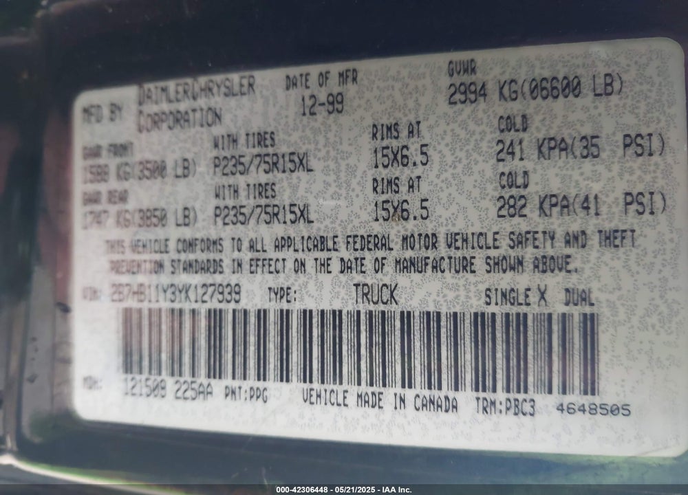 2000 DODGE RAM VAN 1500 CONVERSION VIN: 2B7HB11Y3YK127939