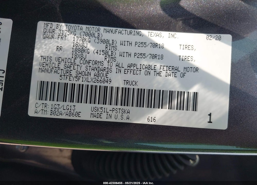 2020 TOYOTA TUNDRA VIN: 5TFEY5F1XLX266049