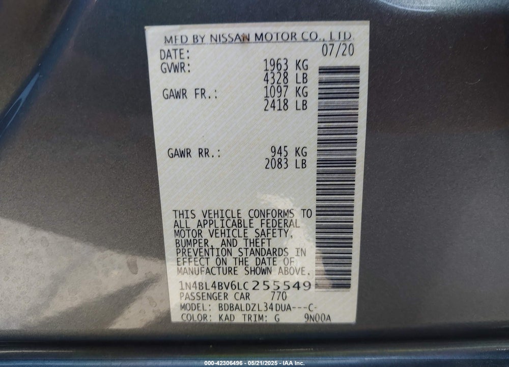 2020 NISSAN ALTIMA VIN: 1N4BL4BV6LC255549