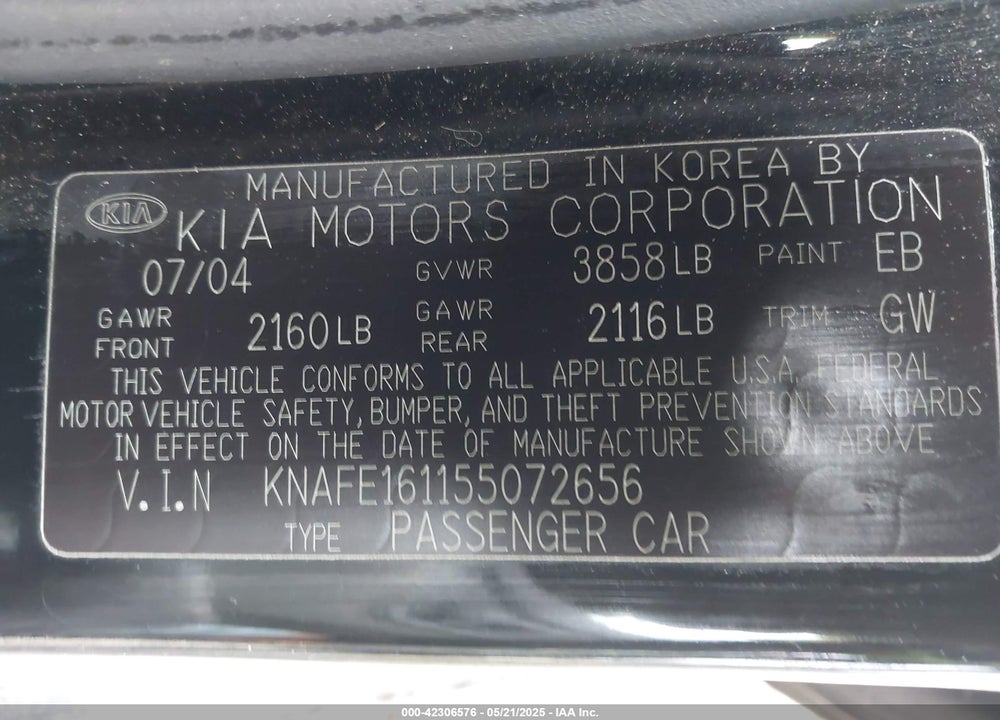 2005 KIA SPECTRA5 VIN: KNAFE161155072656