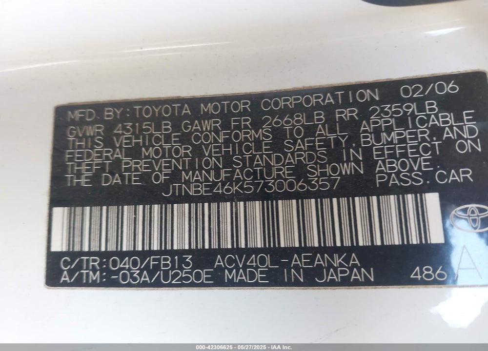 2007 TOYOTA CAMRY VIN: JTNBE46K573006357