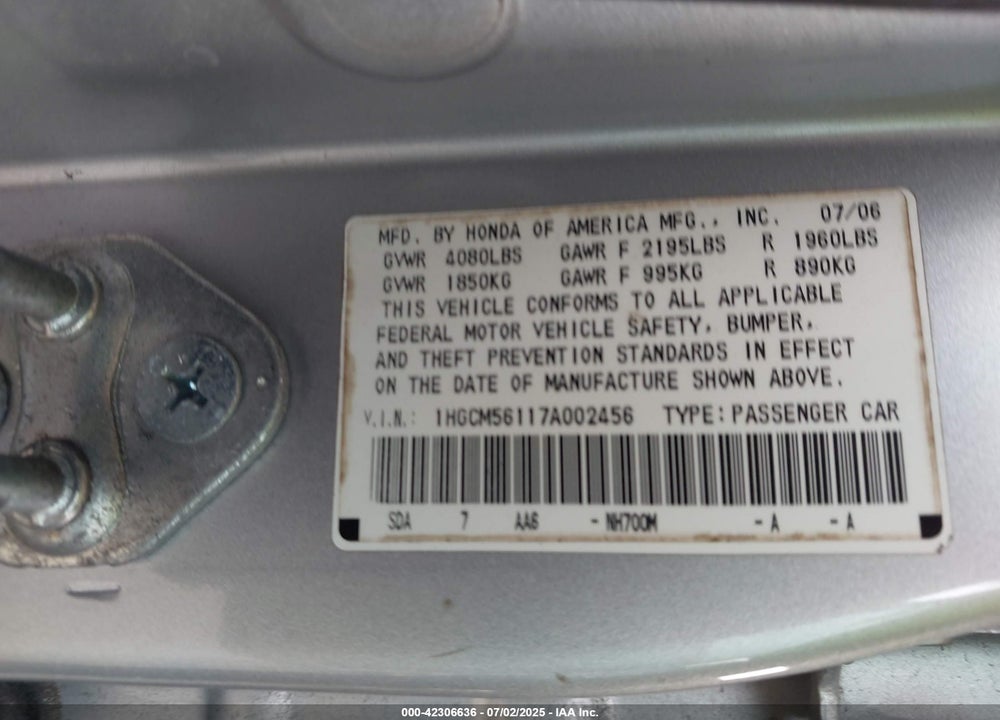 2007 HONDA ACCORD 2.4 VP VIN: 1HGCM56117A002456