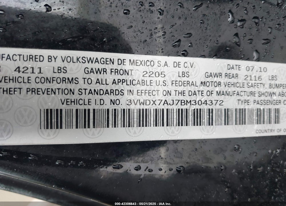 2011 VOLKSWAGEN JETTA VIN: 3VWDX7AJ7BM304372