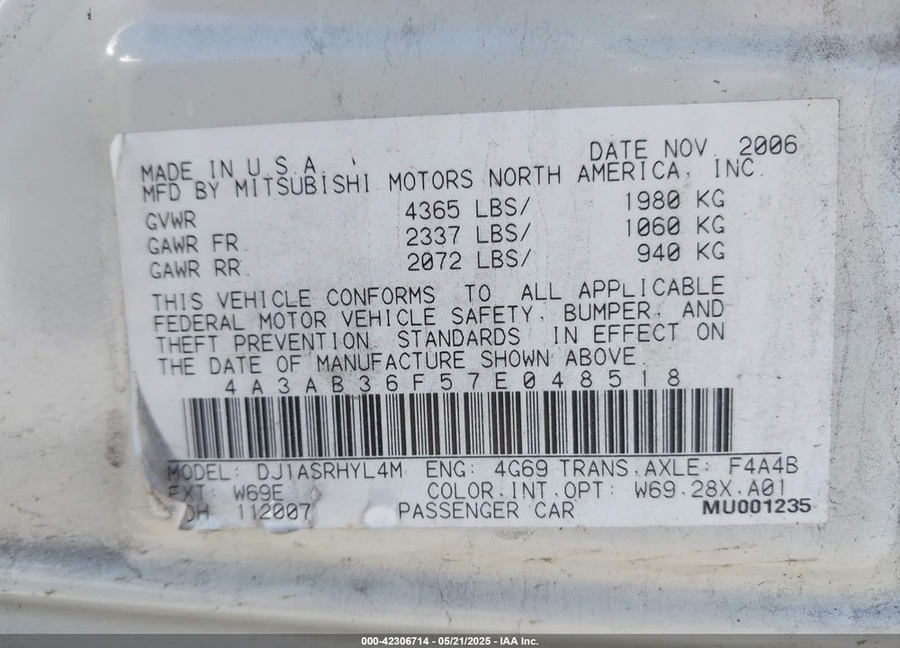 2007 MITSUBISHI GALANT VIN: 4A3AB36F57E048518