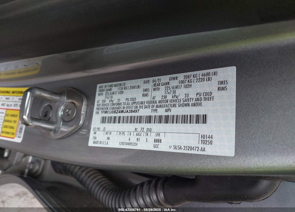 2021 FORD ESCAPE SE HYBRID VIN: 1FMCU0BZ4MUA38497