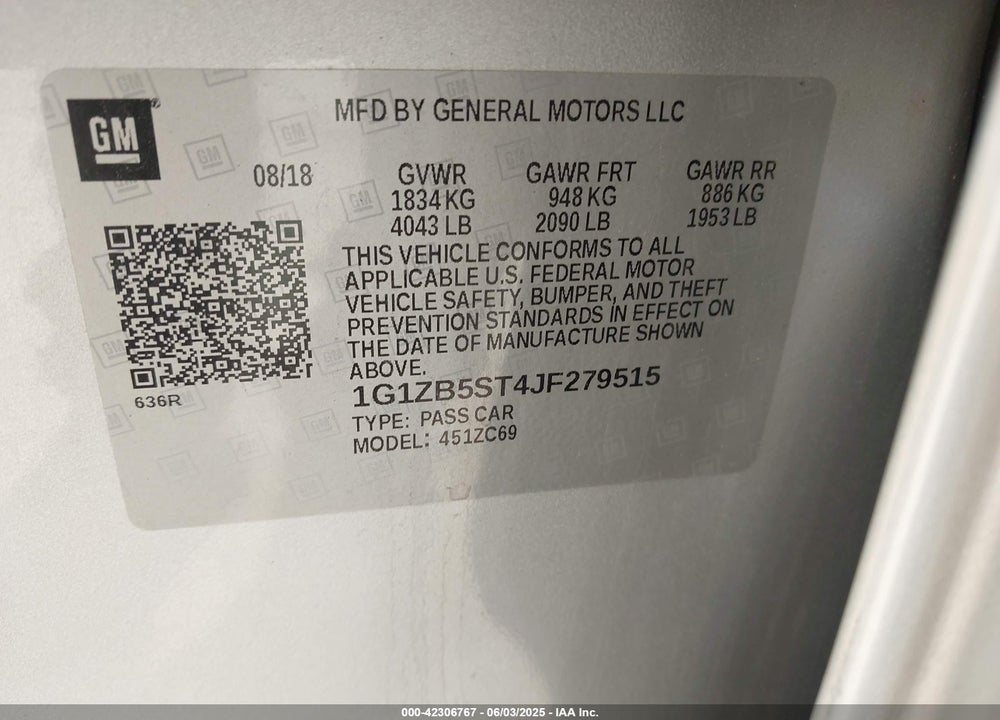2018 CHEVROLET MALIBU 1LS VIN: 1G1ZB5ST4JF279515