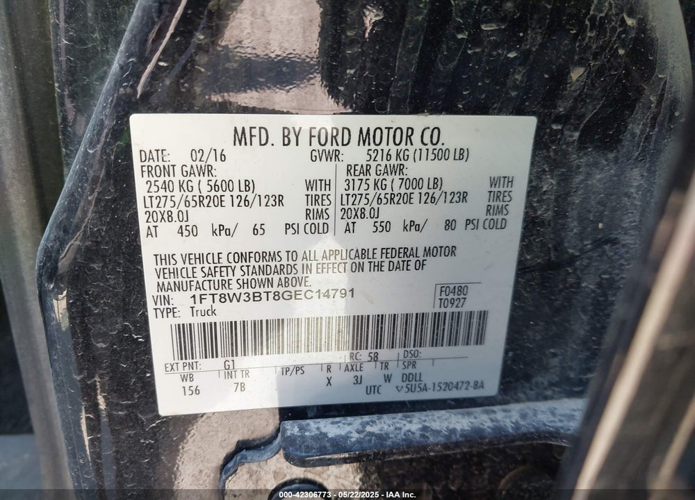 2016 FORD F-350 LARIAT VIN: 1FT8W3BT8GEC14791