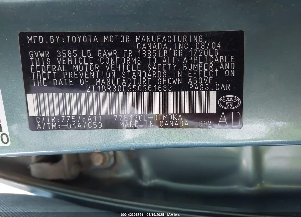 2005 TOYOTA COROLLA CE VIN: 2T1BR30E35C361683