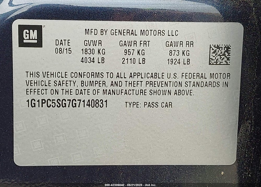 2016 CHEVY CRUZ VIN: 1G1PC5SG7G7140831