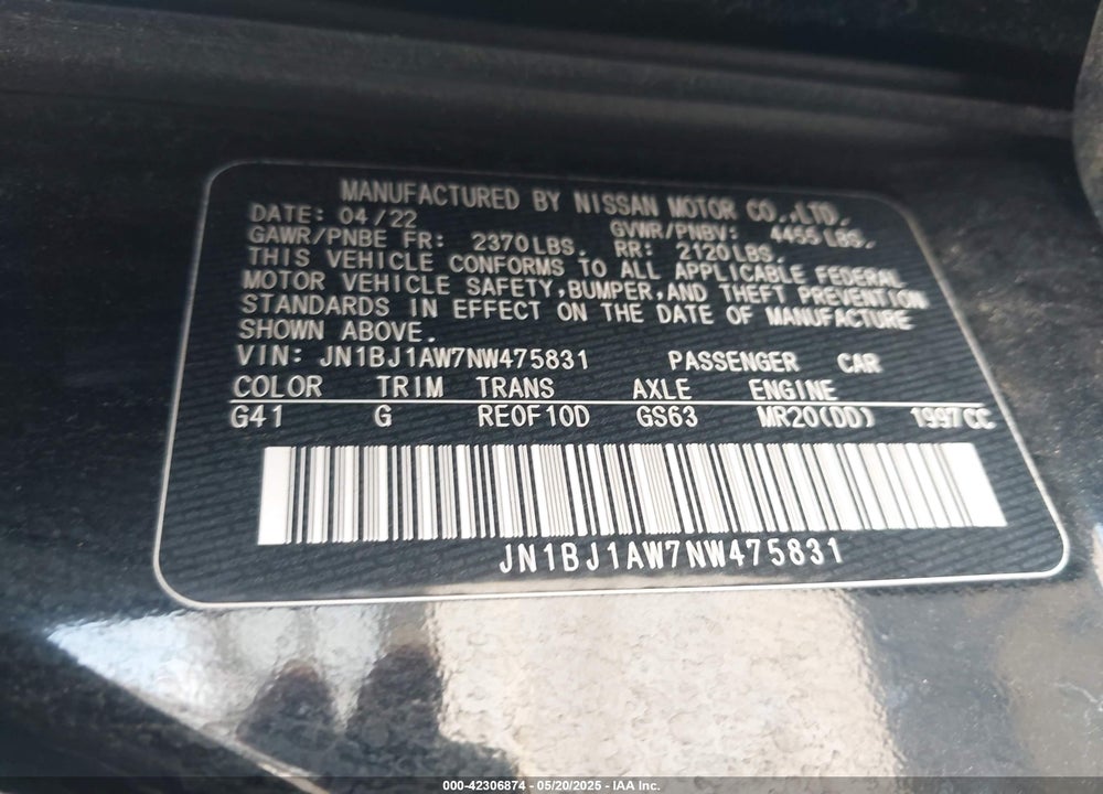 2022 NISSAN ROGUE SPORT VIN: JN1BJ1AW7NW475831