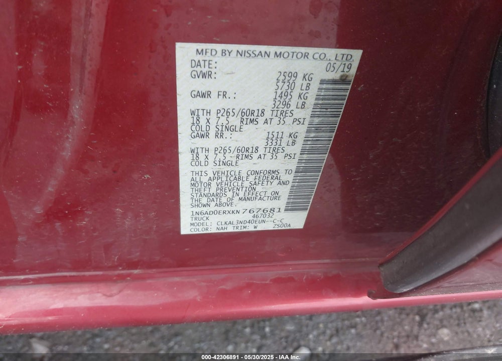 2019 NISSAN FRONTIER VIN: 1N6AD0ERXKN767681