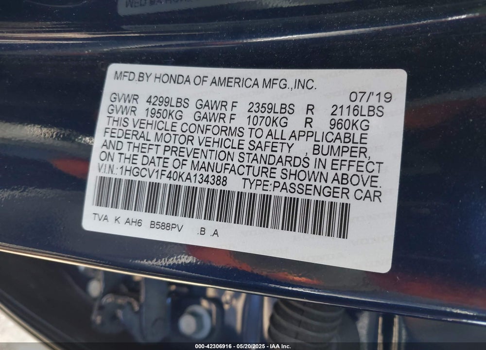 2019 HONDA ACCORD EX VIN: 1HGCV1F40KA134388
