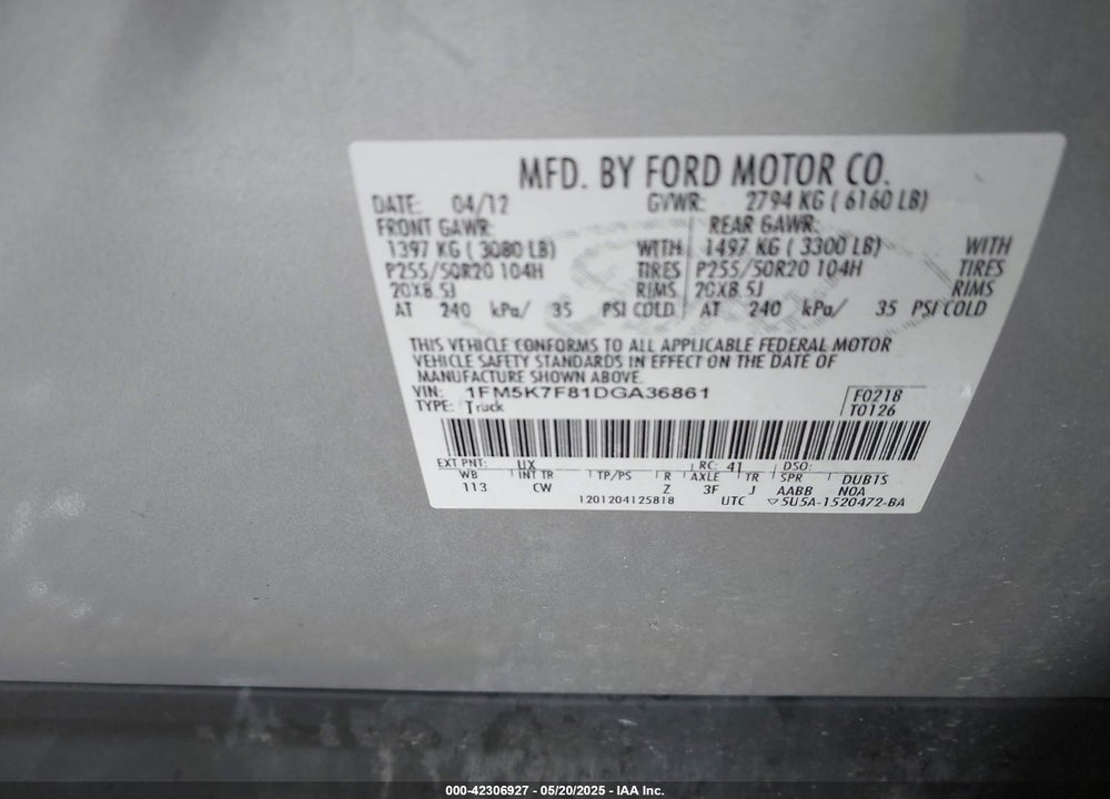 2013 FORD EXPLORER LIMITED VIN: 1FM5K7F81DGA36861