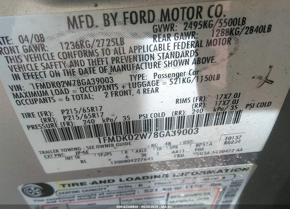 2008 FORD TAURUS X SEL VIN: 1FMDK02W78GA39003