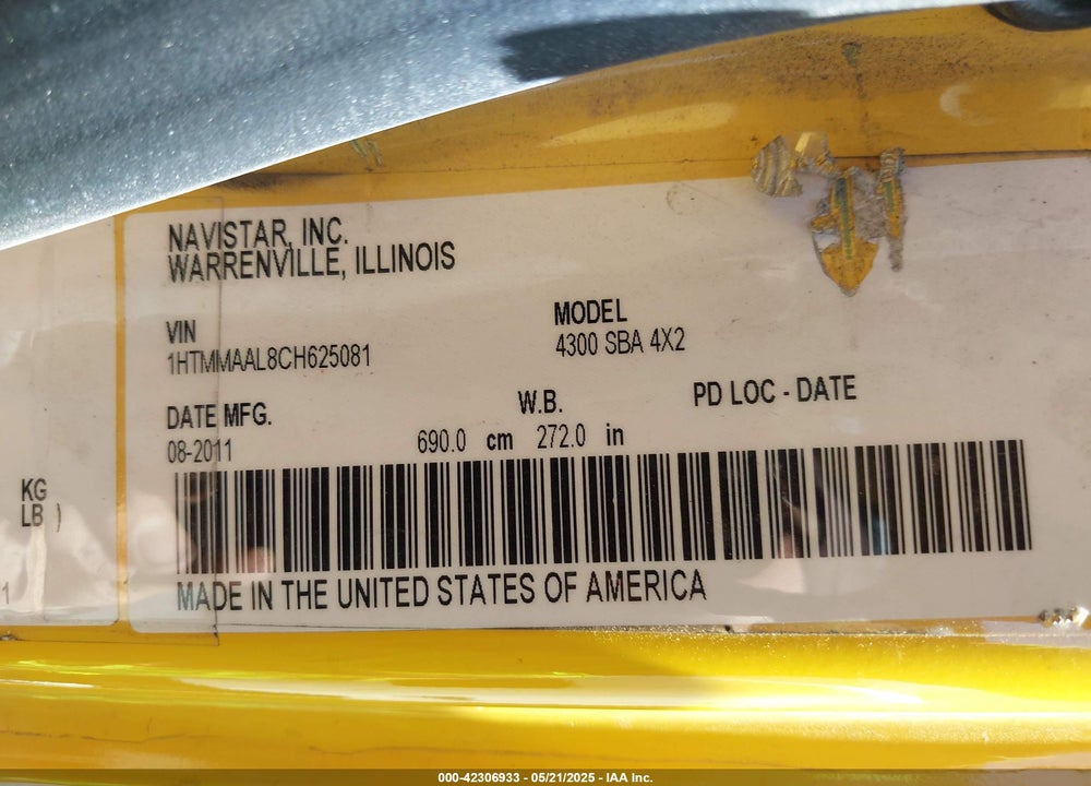2012 INTERNATIONAL 4000 4300 VIN: 1HTMMAAL8CH625081