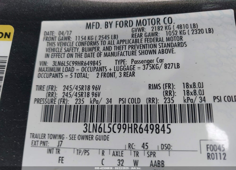 2017 LINCOLN MKZ VIN: 3LN6L5C99HR649845