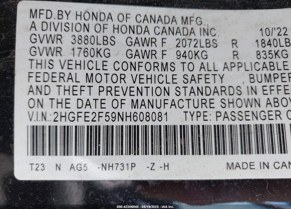 2022 HONDA CIVIC VIN: 2HGFE2F59NH608081