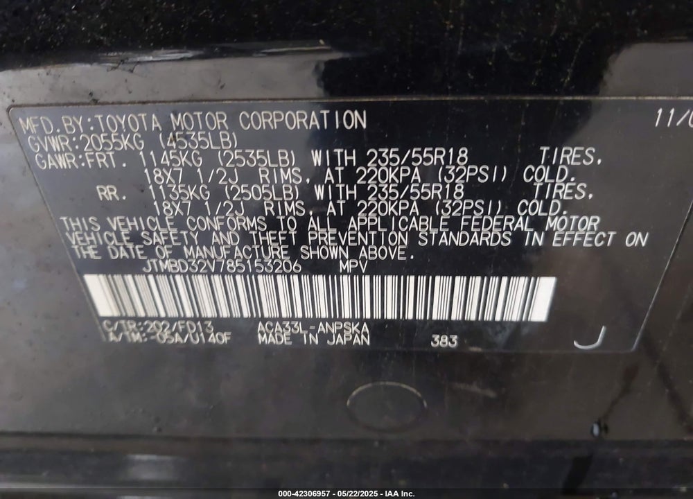 2008 TOYOTA RAV4 VIN: JTMBD32V785153206