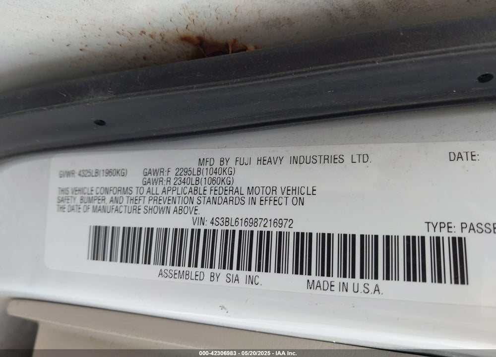 2008 SUBARU LEGACY 2.5I VIN: 4S3BL616987216972