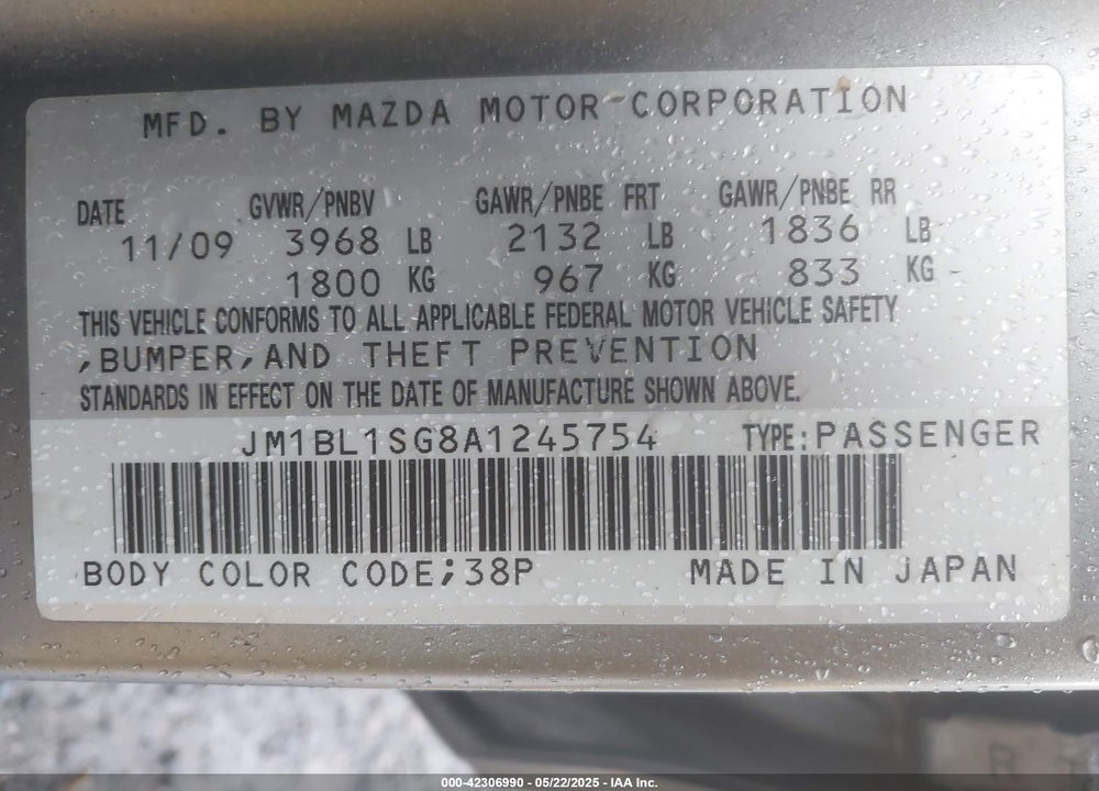 2010 MAZDA MAZDA3 VIN: JM1BL1SG8A1245754