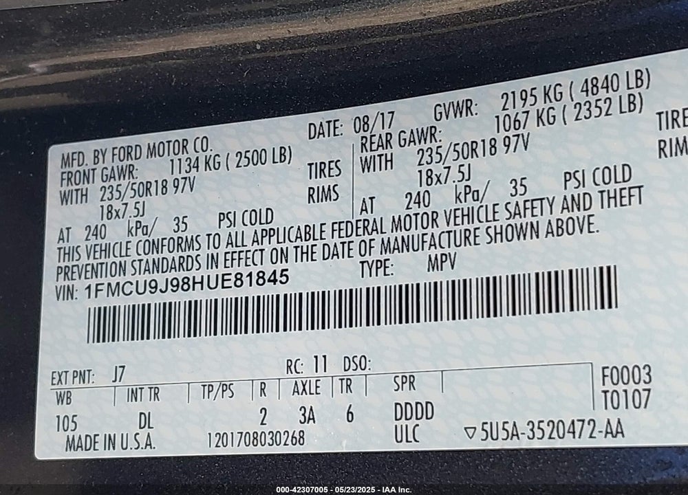 2017 FORD ESCAPE VIN: 1FMCU9J98HUE81845