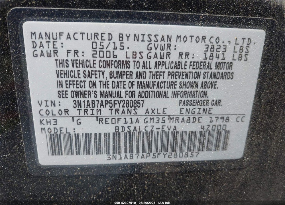 2015 NISSAN SENTRA VIN: 3N1AB7AP5FY280857