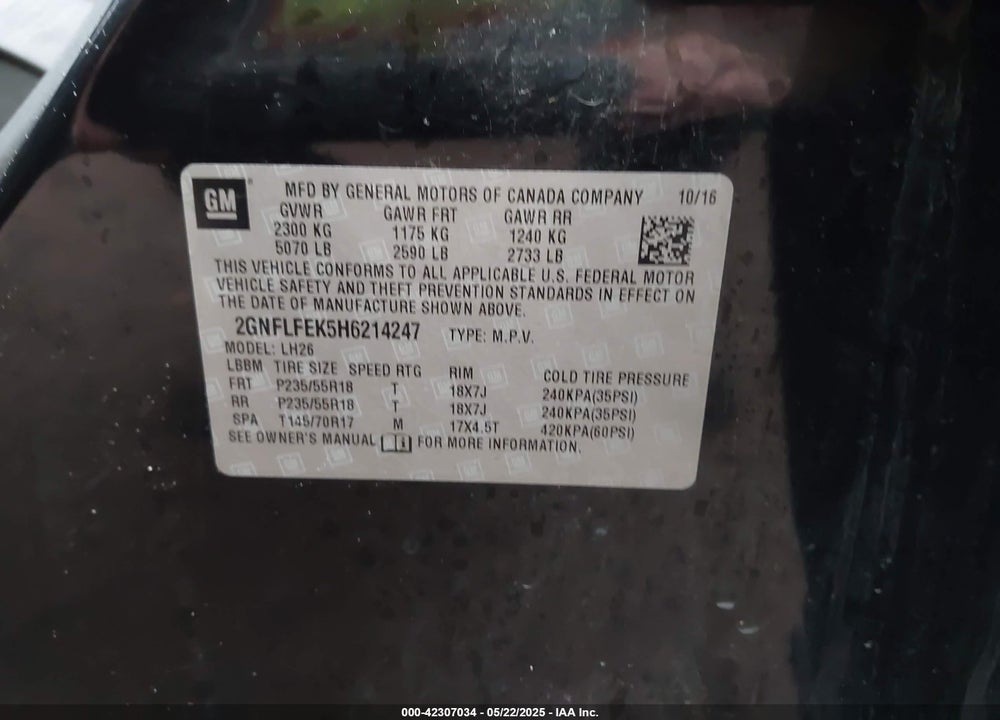 2017 CHEVROLET EQUINOX LT VIN: 2GNFLFEK5H6214247