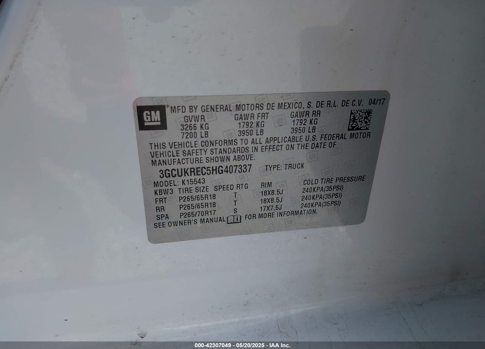 2017 CHEVROLET SILVERADO VIN: 3GCUKREC5HG407337