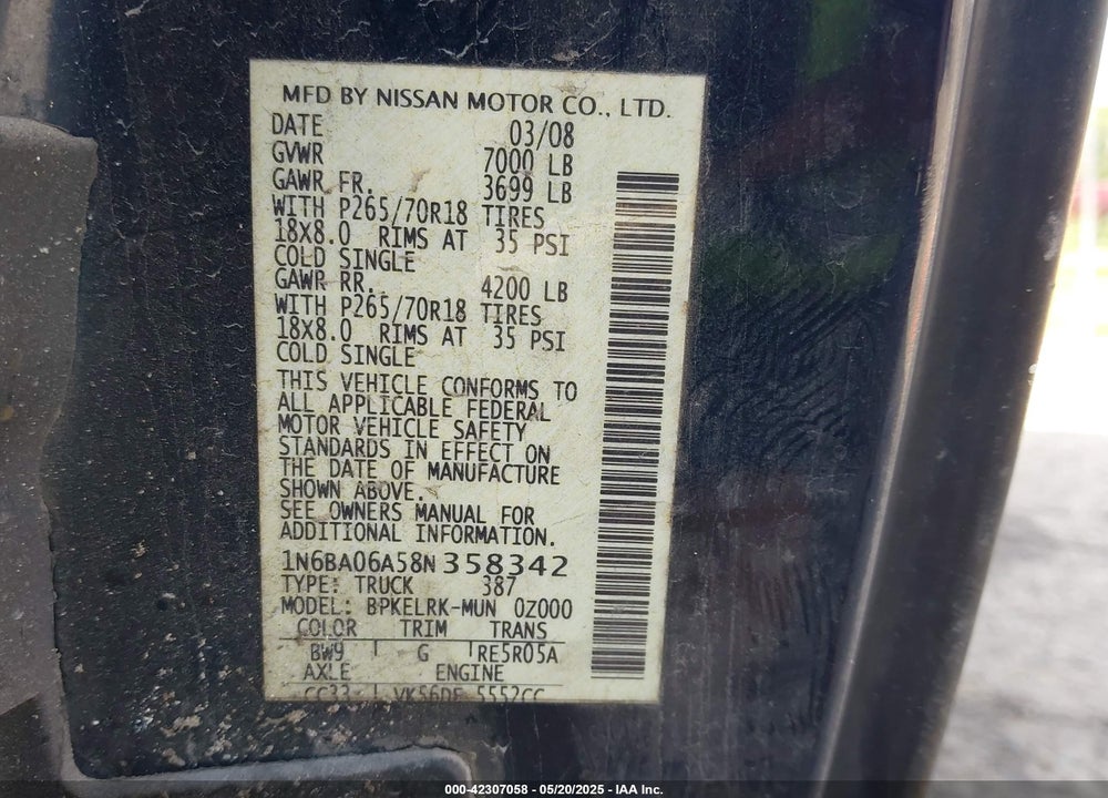 2008 NISSAN TITAN VIN: 1N6BA06A58N358342