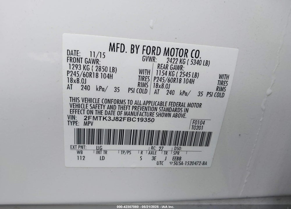 2015 FORD EDGE VIN: 2FMTK3J82FBC19350
