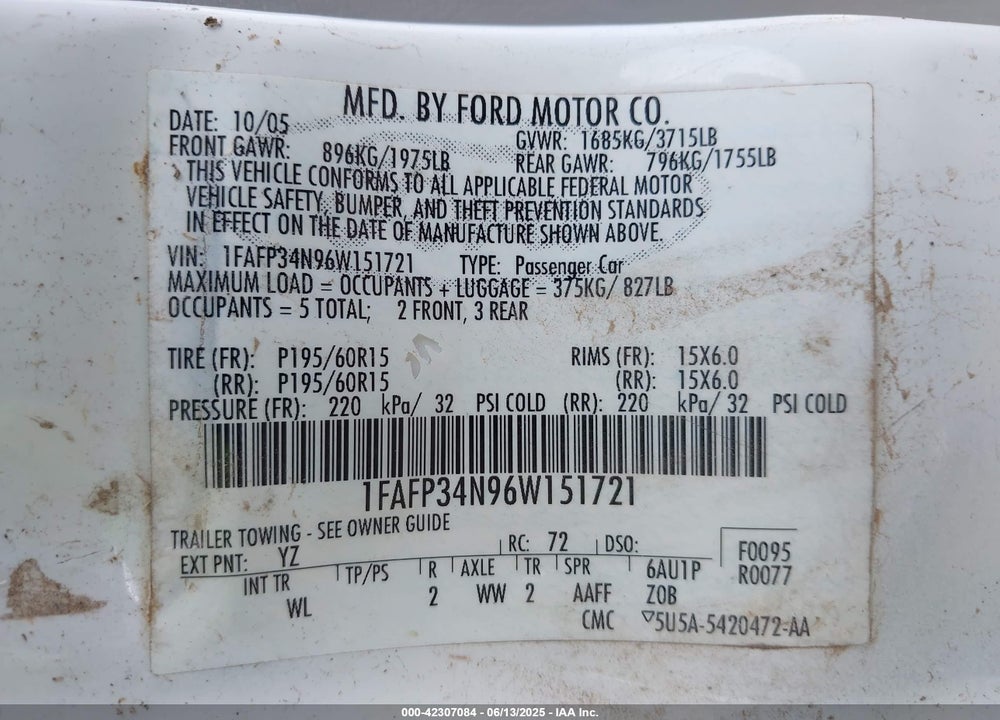 2006 FORD FOCUS VIN: 1FAFP34N96W151721