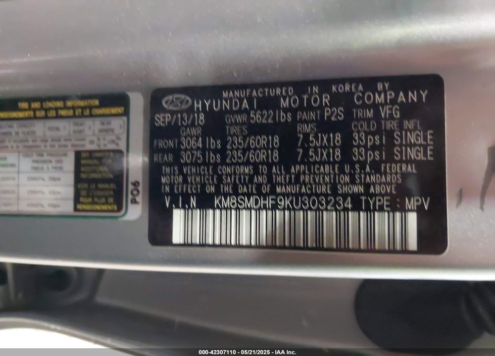 2019 HYUNDAI SANTA FE XL VIN: KM8SMDHF9KU303234