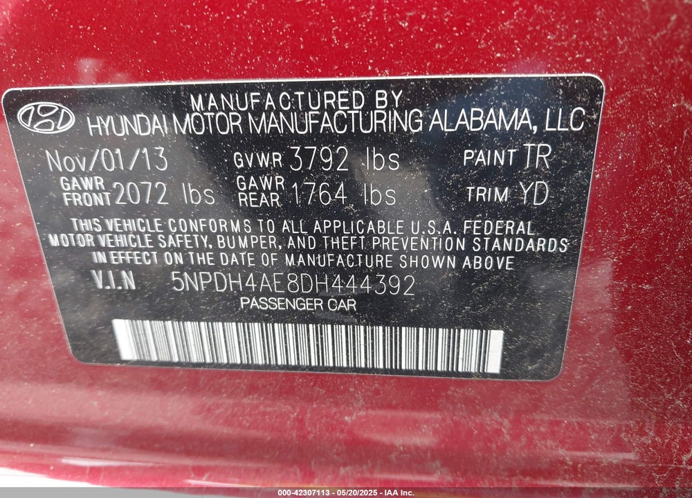 2013 HYUNDAI ELANTRA VIN: 5NPDH4AE8DH444392