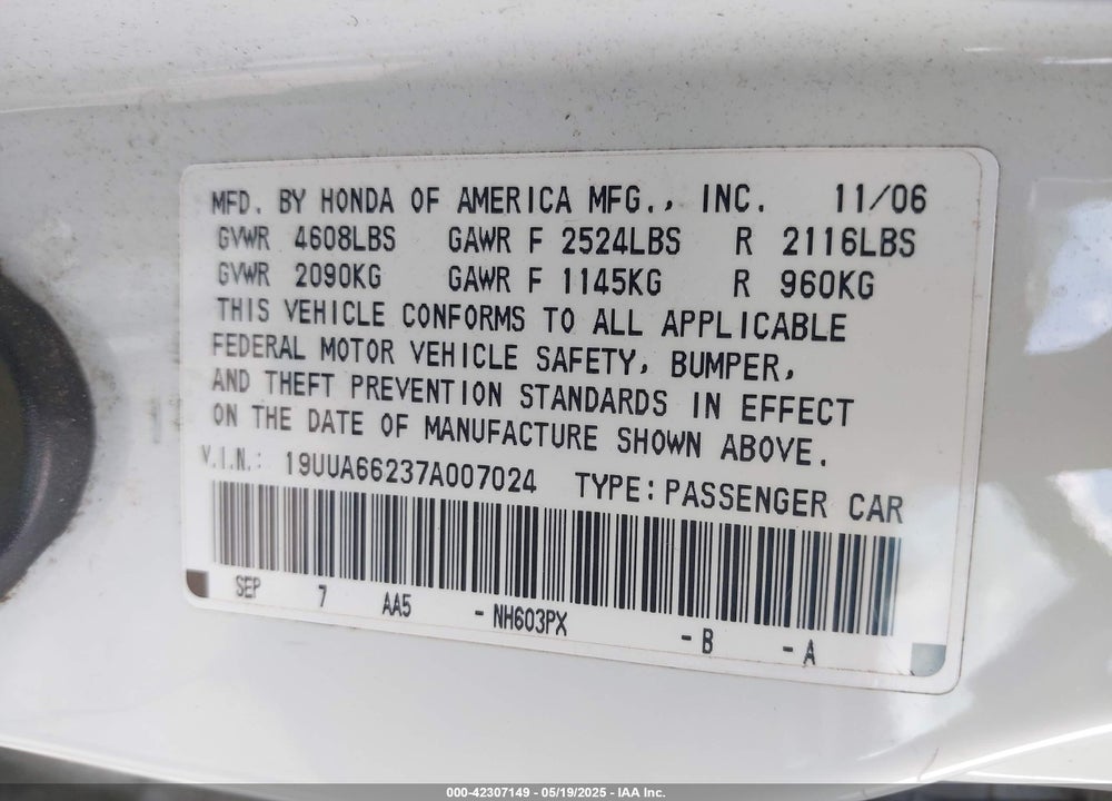 2007 ACURA TL 3.2 VIN: 19UUA66237A007024
