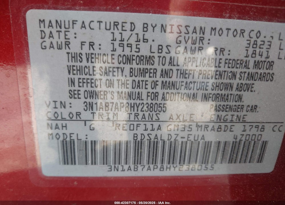 2017 NISSAN SENTRA SV VIN: 3N1AB7AP8HY238055