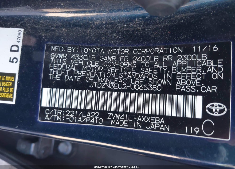 2017 TOYOTA PRIUS V VIN: JTDZN3EU2HJ065380