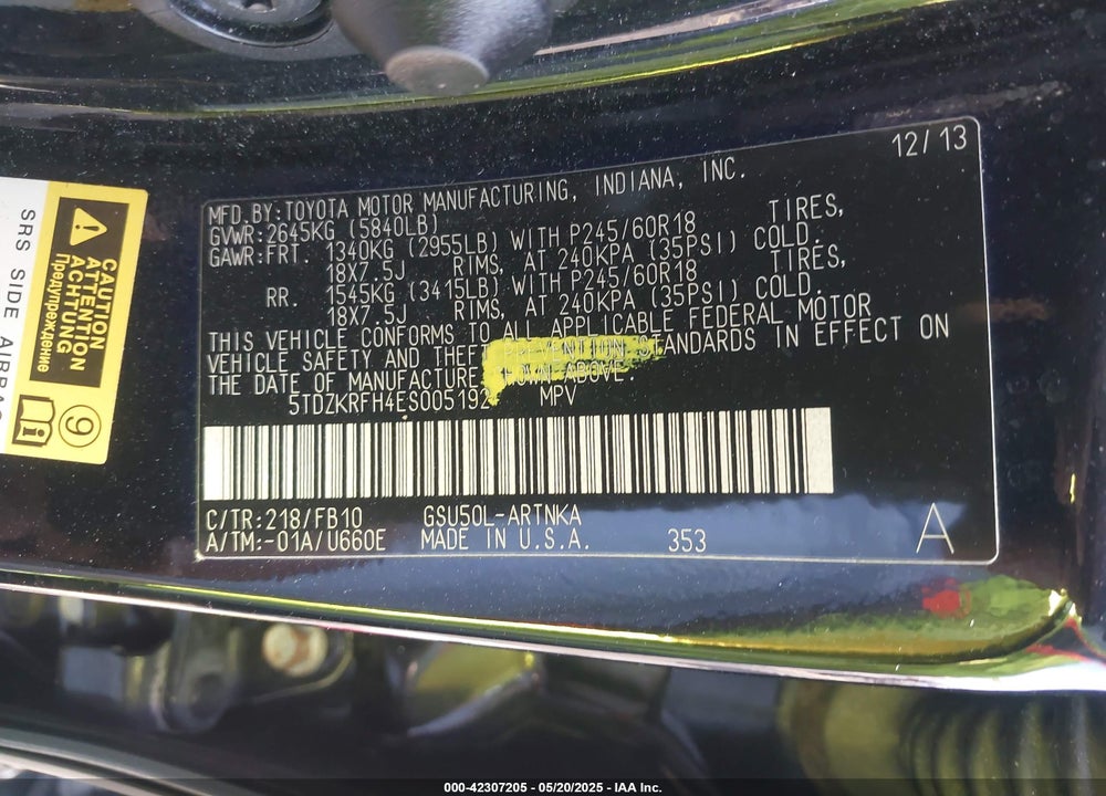 2014 TOYOTA HIGHLANDER LE PLUS V6/LE V6 VIN: 5TDZKRFH4ES005192