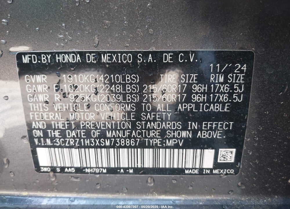 2025 HONDA HR-V VIN: 3CZRZ1H3XSM738867