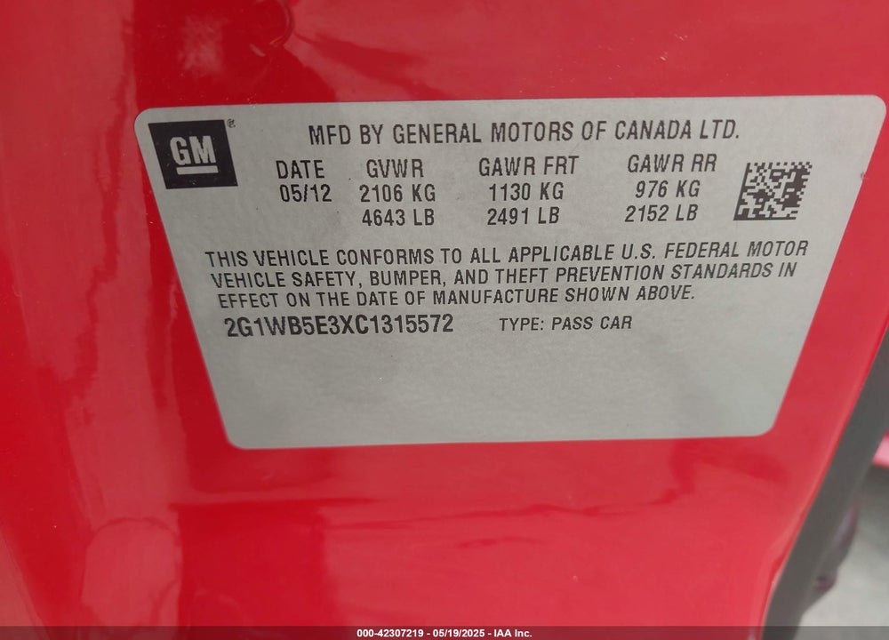 2012 CHEVROLET IMPALA LT VIN: 2G1WB5E3XC1315572
