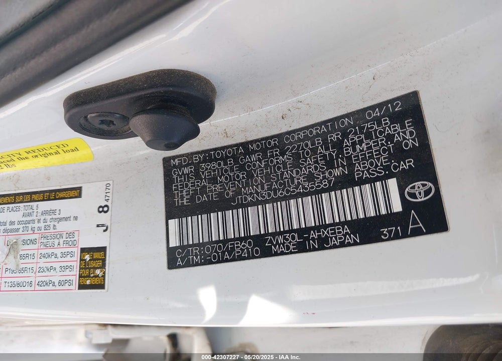 2012 TOYOTA PRIUS VIN: JTDKN3DU6C5435587