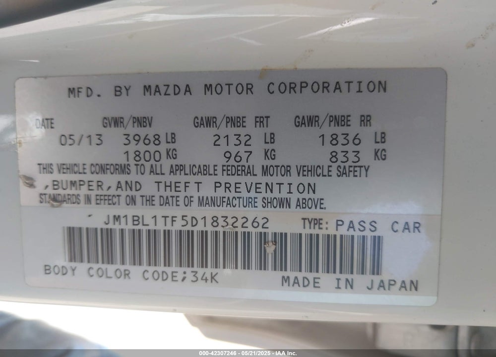 2013 MAZDA MAZDA3 VIN: JM1BL1TF5D1832262